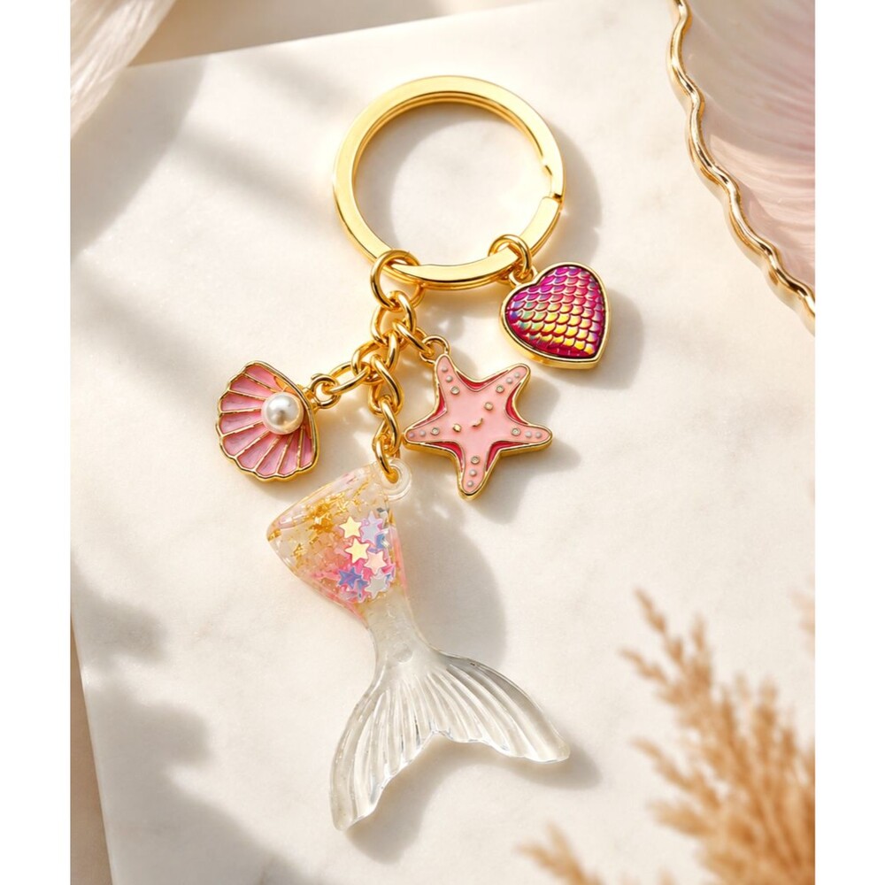 Mermaid Tail Pink Fish Scale Heart Starfish Seashell Keychain Coastal Luxe NWT